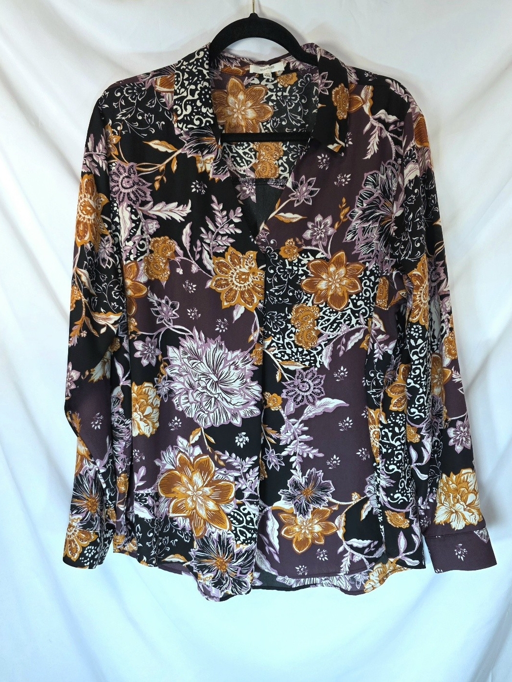 Maurices Blouse XL Boho Floral Mixed Print Button V-Neck Long Sleeve Whimsigoth